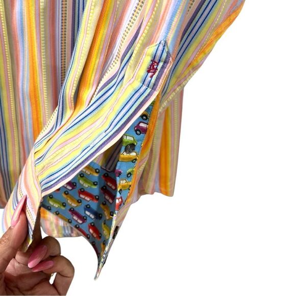 Robert Graham Multicolor Stripes Button Down Shirt with Cars French Cuff Size XL - Picture 4 of 6